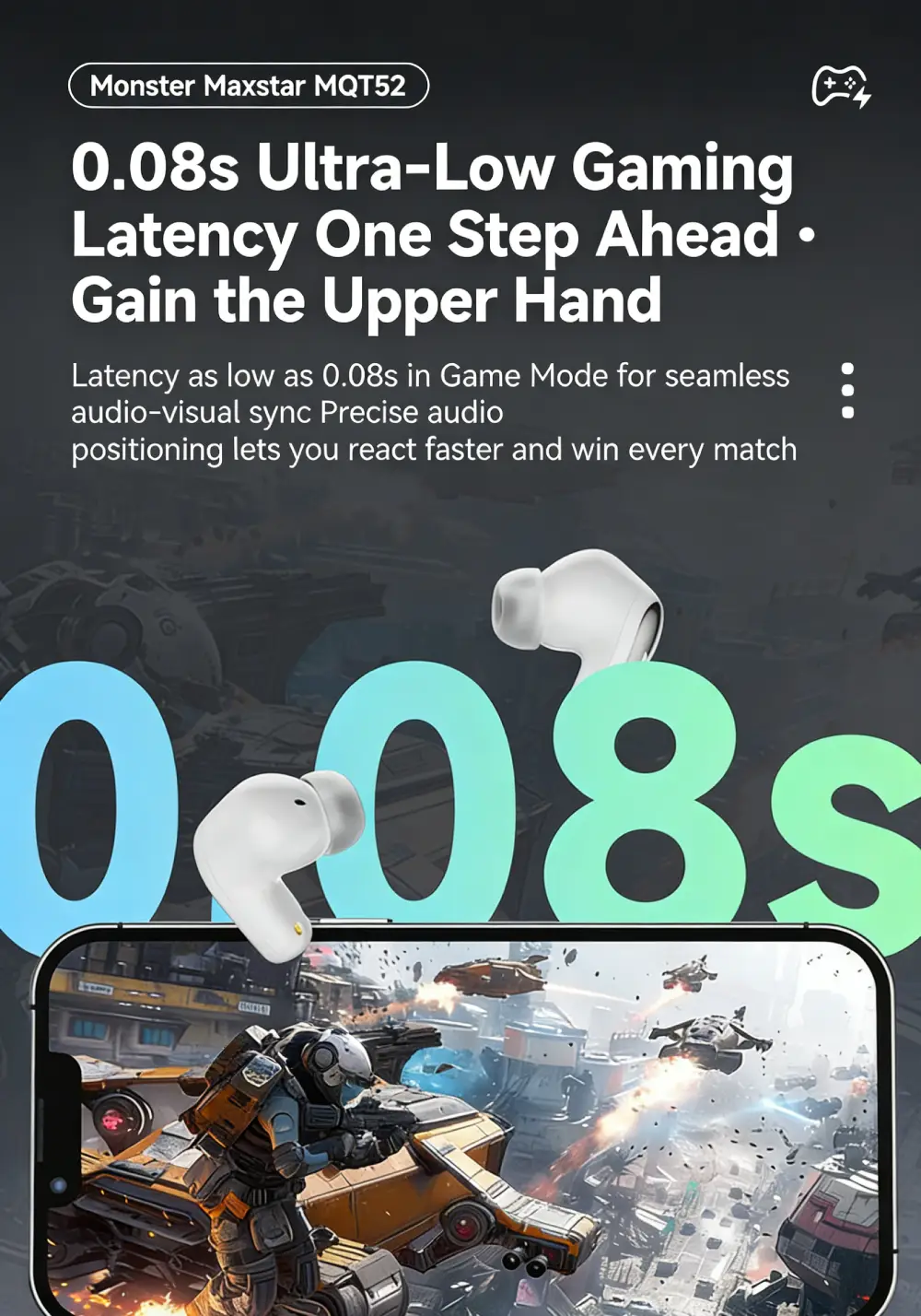 Monster Maxstar MQT52: Low Latency Gaming & Hi-Fi Audio Earbuds - Image 4